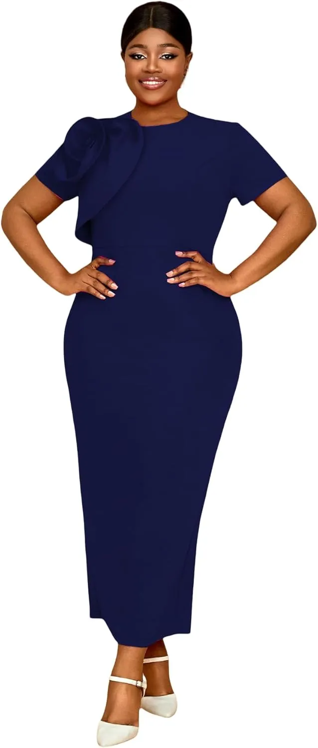 AOMEI Women's Elegant Long Sheath Bodycon Dress Crew Neck 3D Flower Short Sleeve Slim Evening Party Gowns