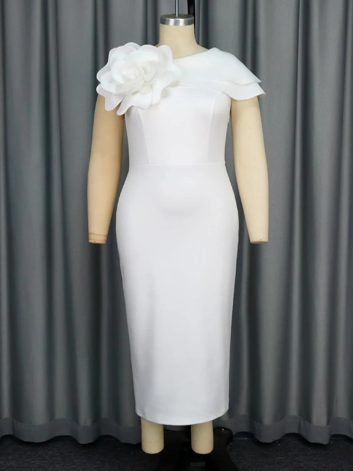 AOMEI Women's Elegant White Wedding Bridal Dress Irregular Collar with Big Flower Bodycon Pencil Dress Formal Evening Event