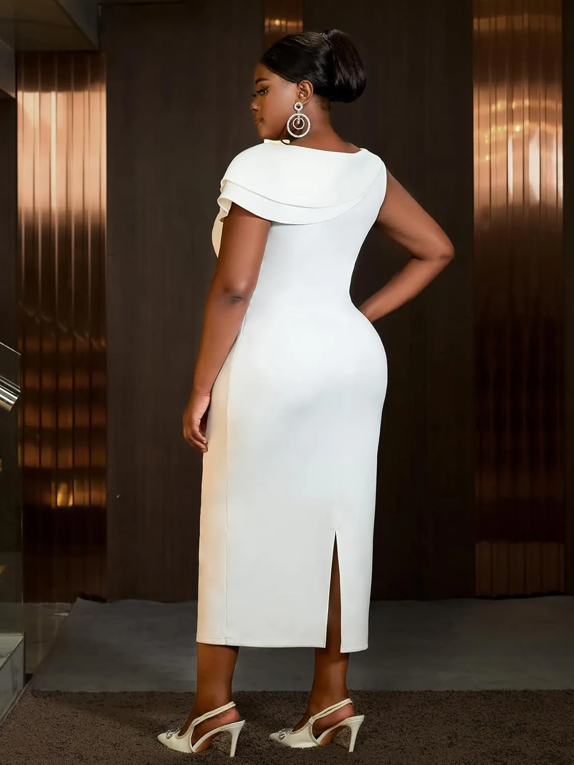 AOMEI Women's Elegant White Wedding Bridal Dress Irregular Collar with Big Flower Bodycon Pencil Dress Formal Evening Event