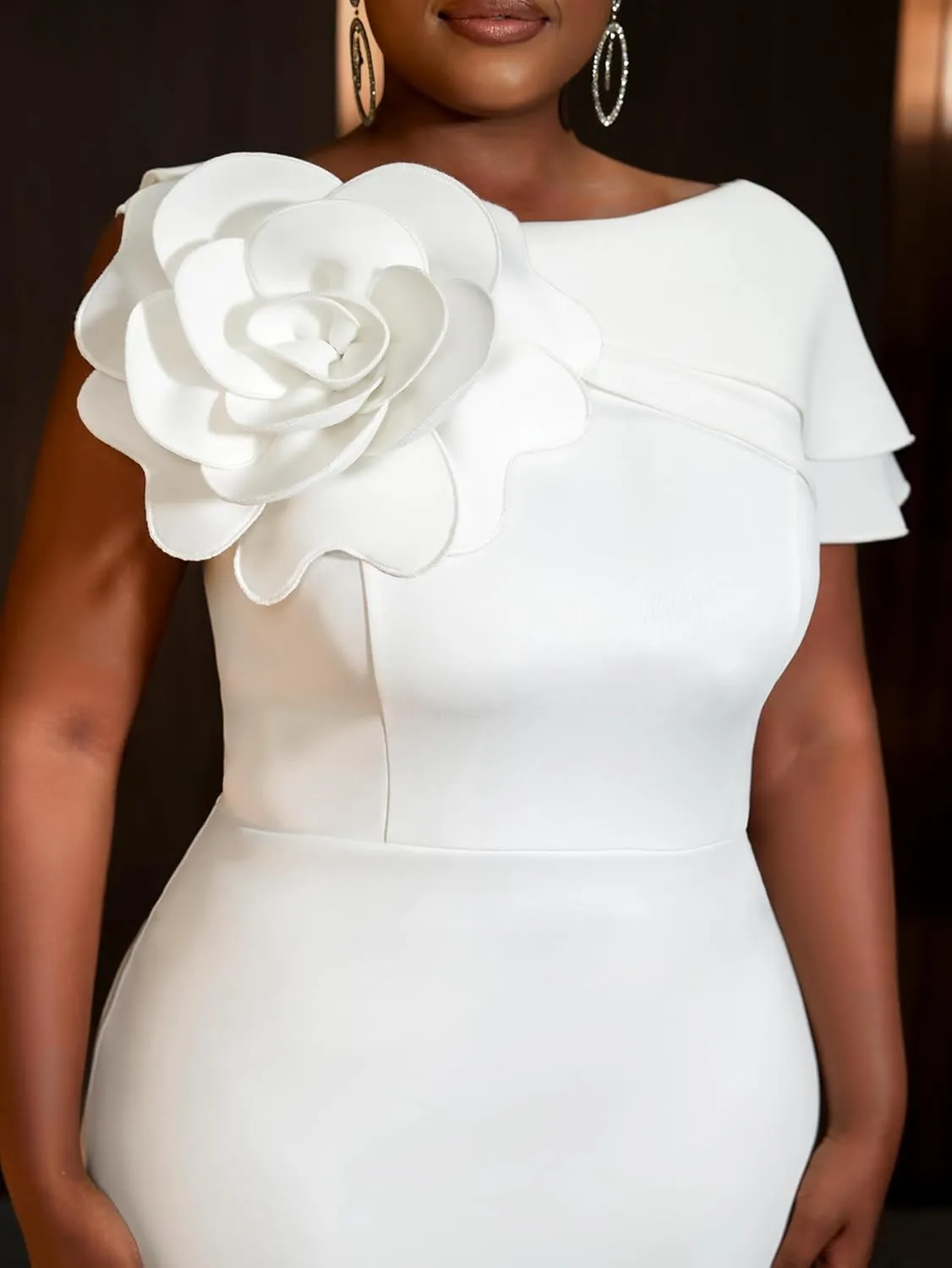 AOMEI Women's Elegant White Wedding Bridal Dress Irregular Collar with Big Flower Bodycon Pencil Dress Formal Evening Event