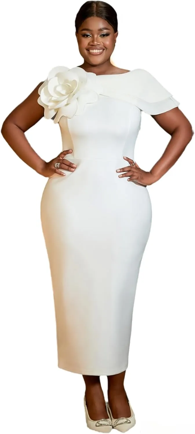 AOMEI Women's Elegant White Wedding Bridal Dress Irregular Collar with Big Flower Bodycon Pencil Dress Formal Evening Event