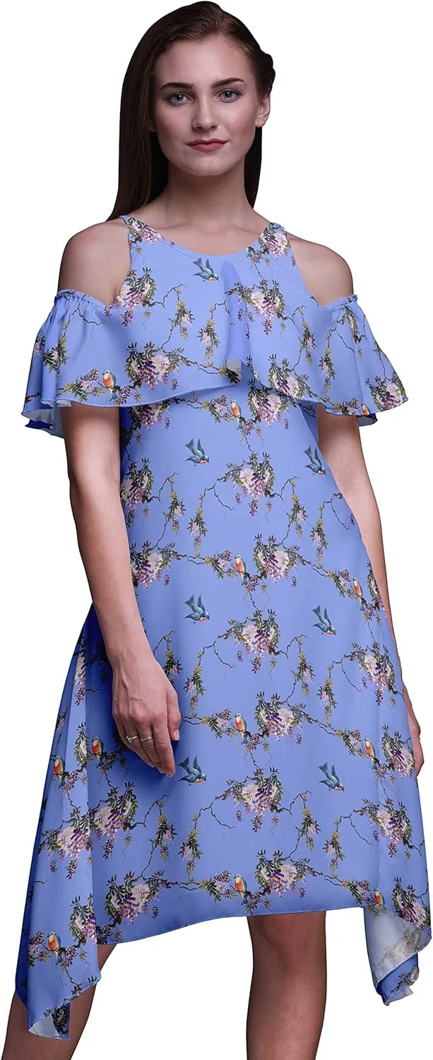 Bimba Moss Georgette Printed Womens Chic Style Cold Shoulder Tunic Party Round Neck Shift Dress