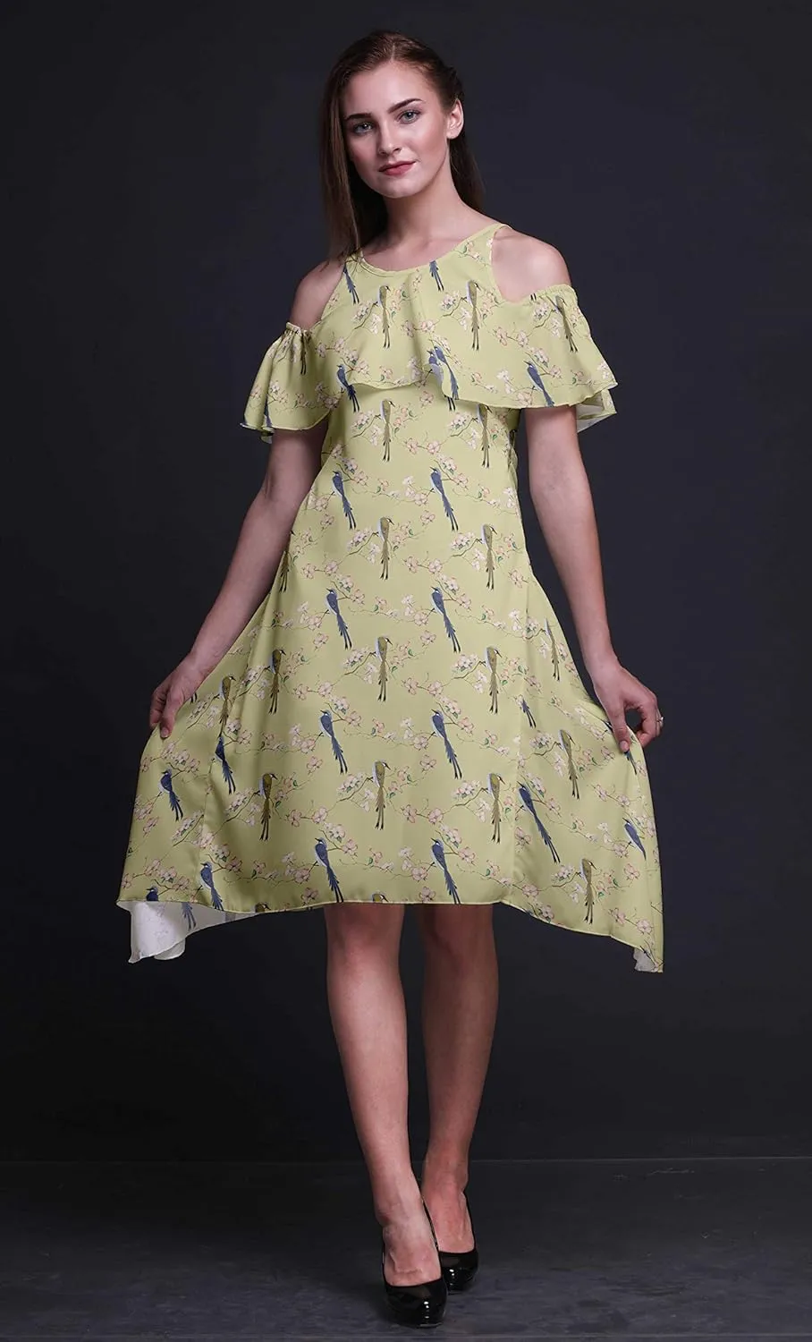 Bimba Moss Georgette Printed Womens Chic Style Cold Shoulder Tunic Party Round Neck Shift Dress