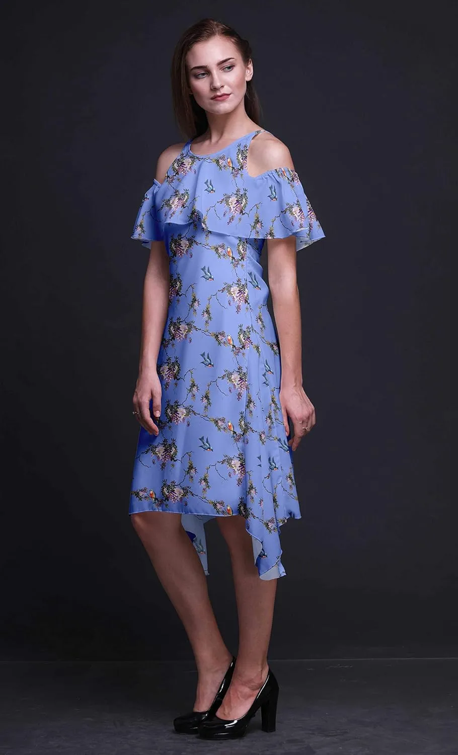Bimba Moss Georgette Printed Womens Chic Style Cold Shoulder Tunic Party Round Neck Shift Dress