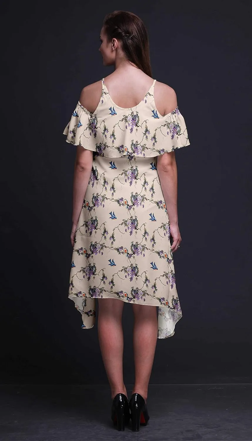 Bimba Moss Georgette Printed Womens Chic Style Cold Shoulder Tunic Party Round Neck Shift Dress