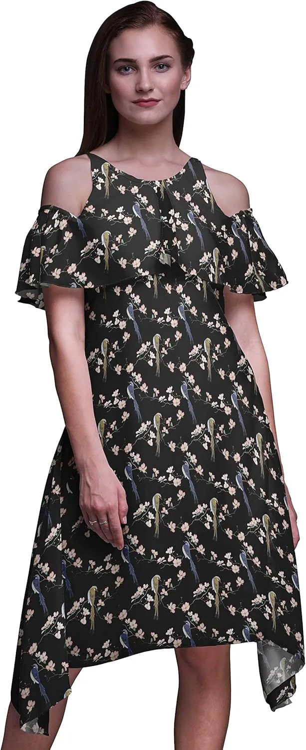 Bimba Moss Georgette Printed Womens Chic Style Cold Shoulder Tunic Party Round Neck Shift Dress