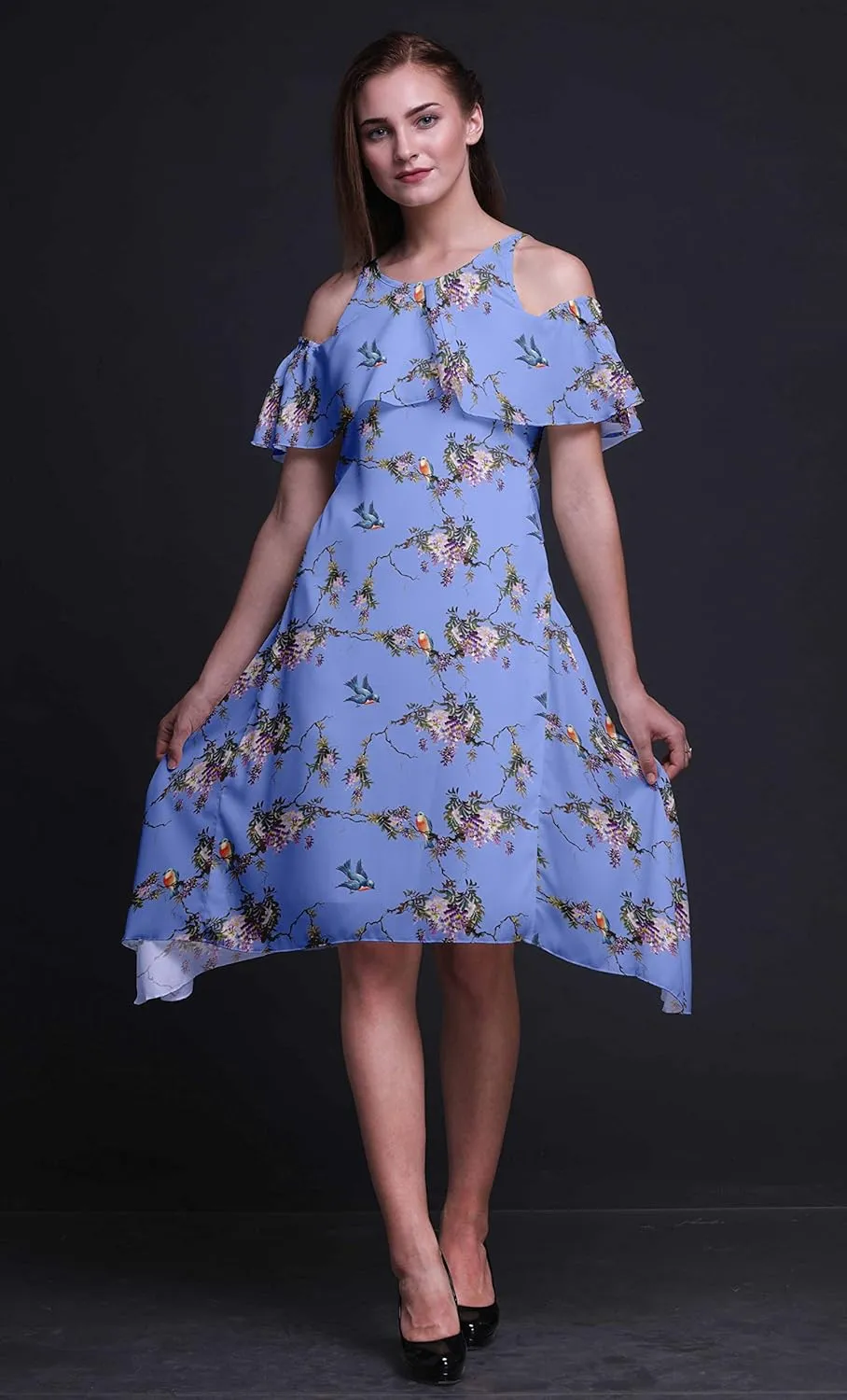 Bimba Moss Georgette Printed Womens Chic Style Cold Shoulder Tunic Party Round Neck Shift Dress