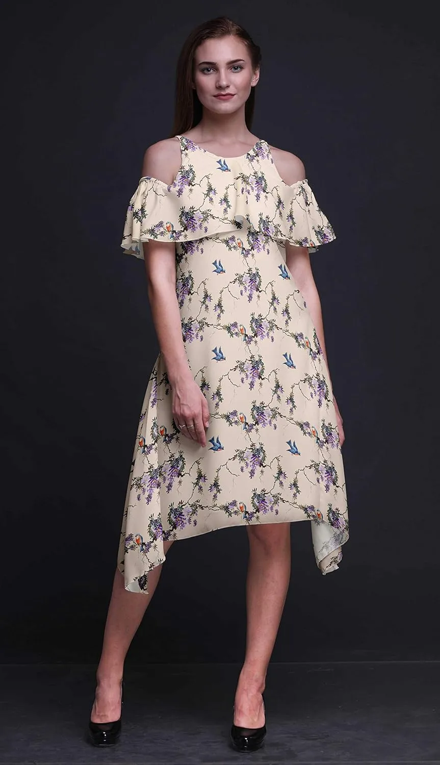 Bimba Moss Georgette Printed Womens Chic Style Cold Shoulder Tunic Party Round Neck Shift Dress