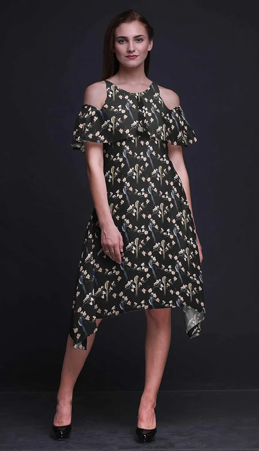 Bimba Moss Georgette Printed Womens Chic Style Cold Shoulder Tunic Party Round Neck Shift Dress