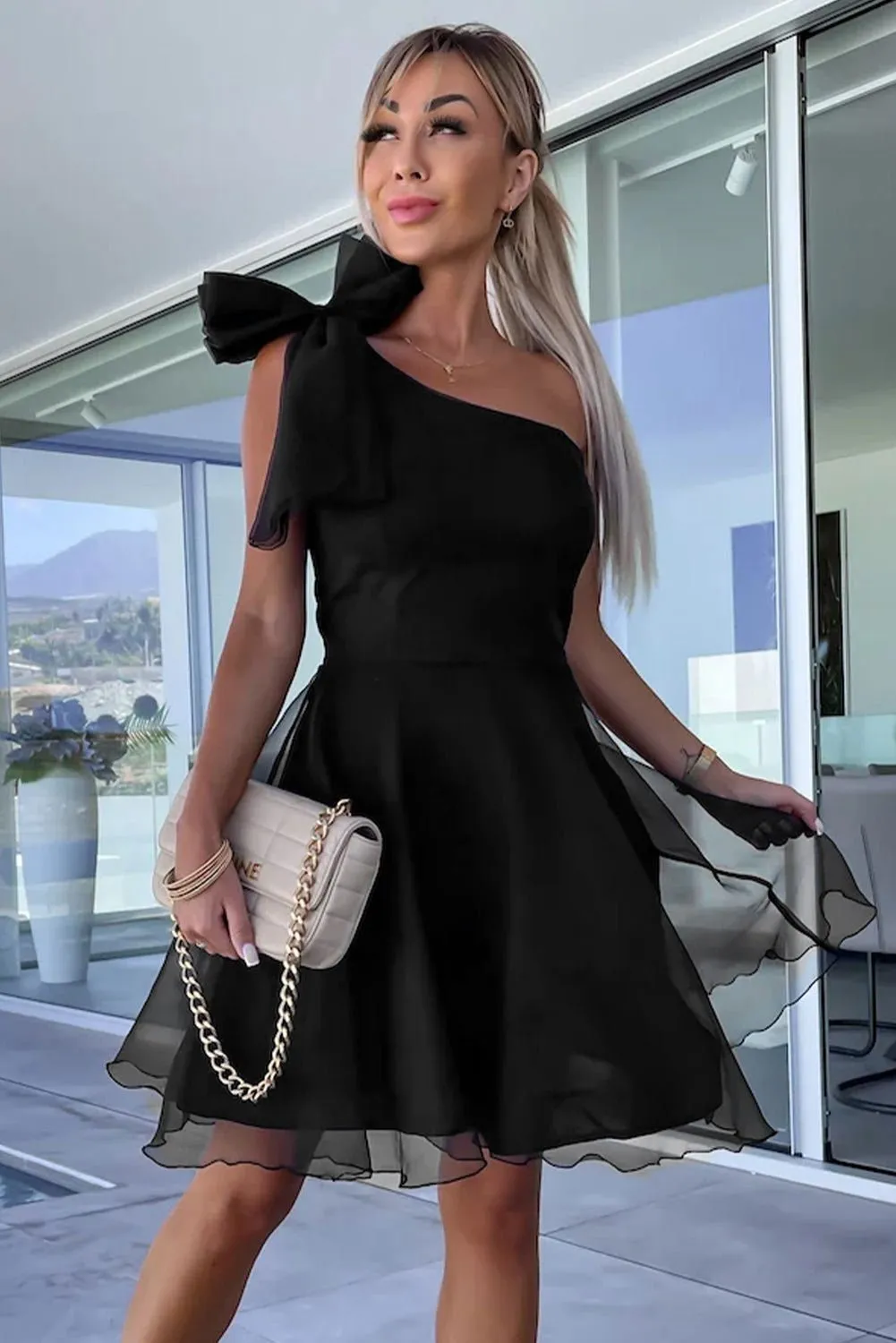 Black Bowtie One Shoulder Tulle Overlay Skater Dress - Chic Style
