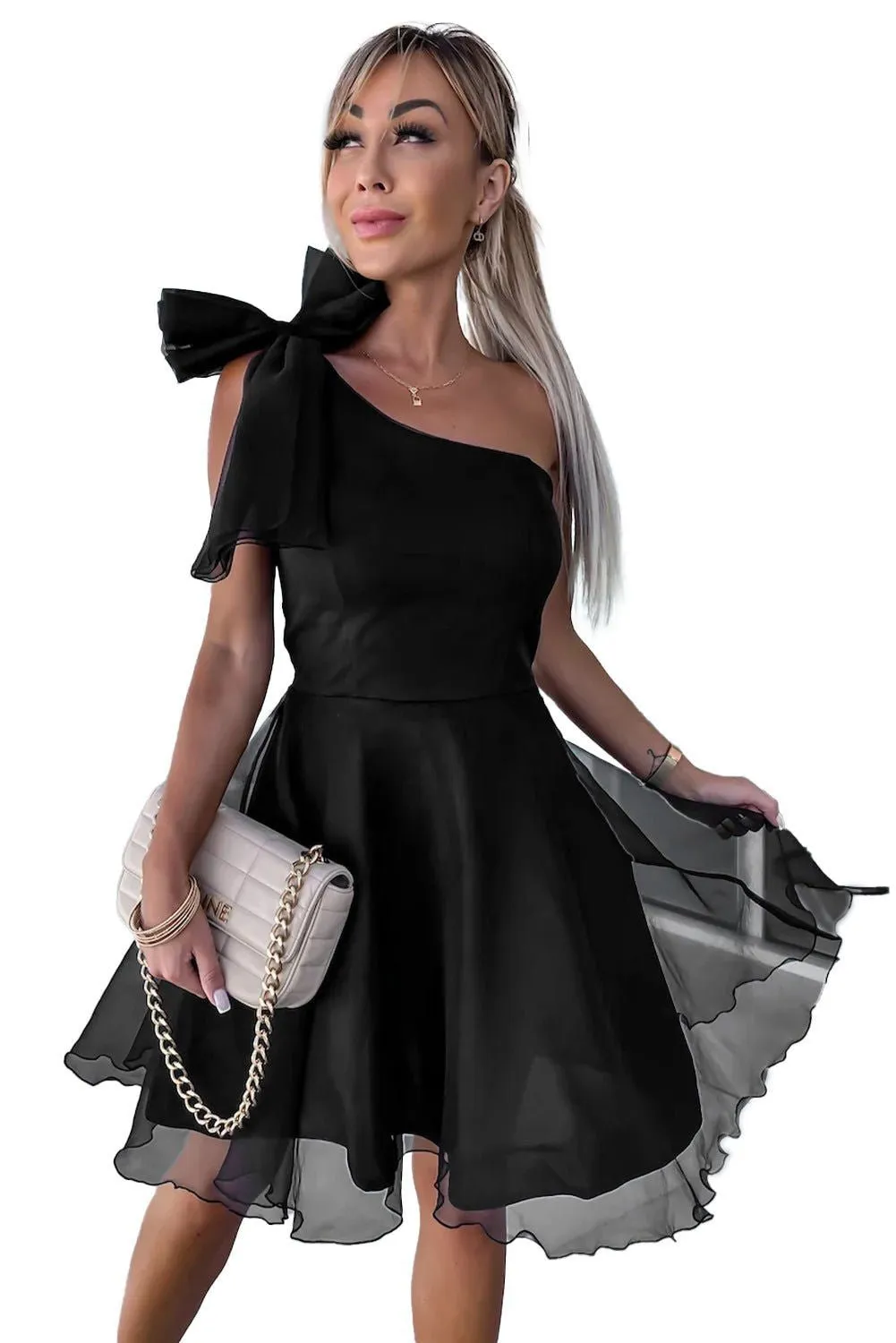 Black Bowtie One Shoulder Tulle Overlay Skater Dress - Chic Style