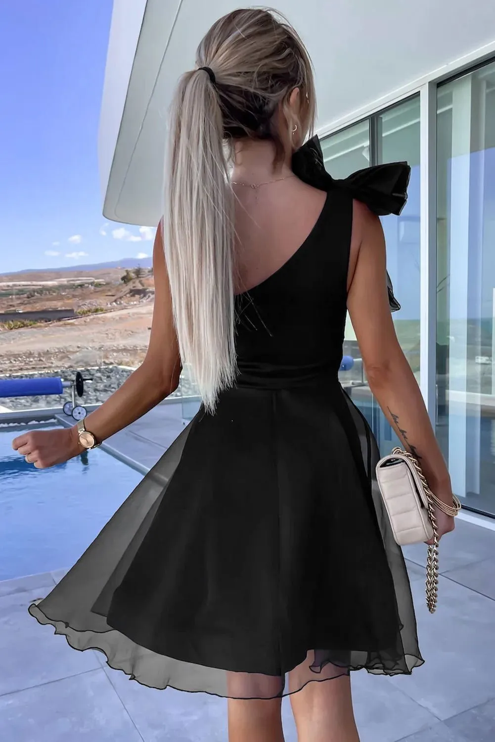 Black Bowtie One Shoulder Tulle Overlay Skater Dress - Chic Style