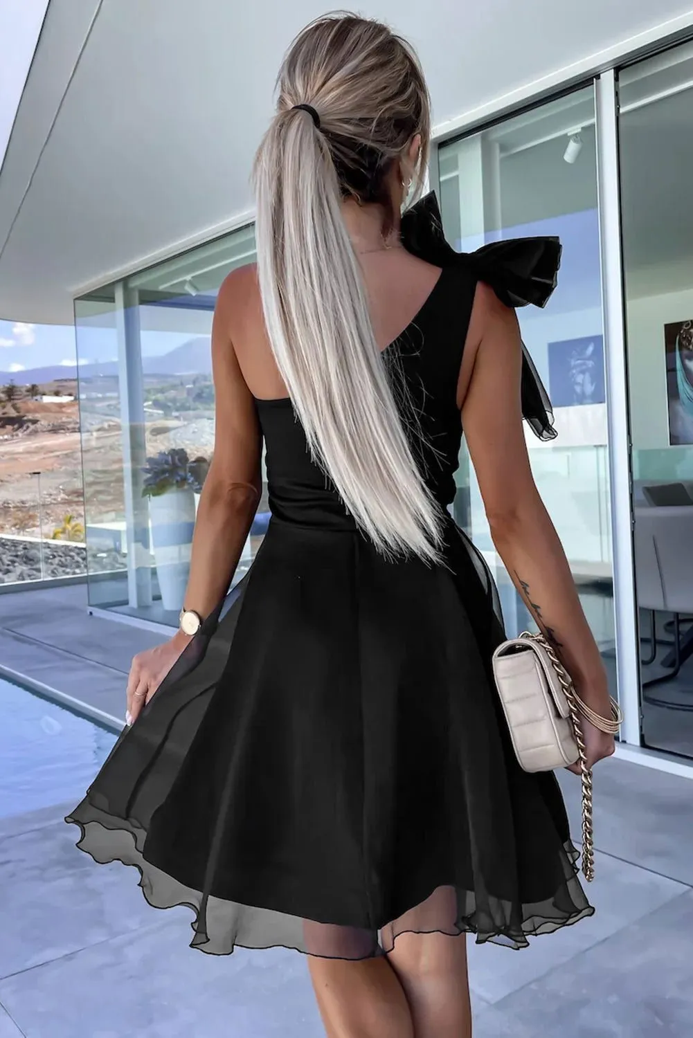 Black Bowtie One Shoulder Tulle Overlay Skater Dress - Chic Style