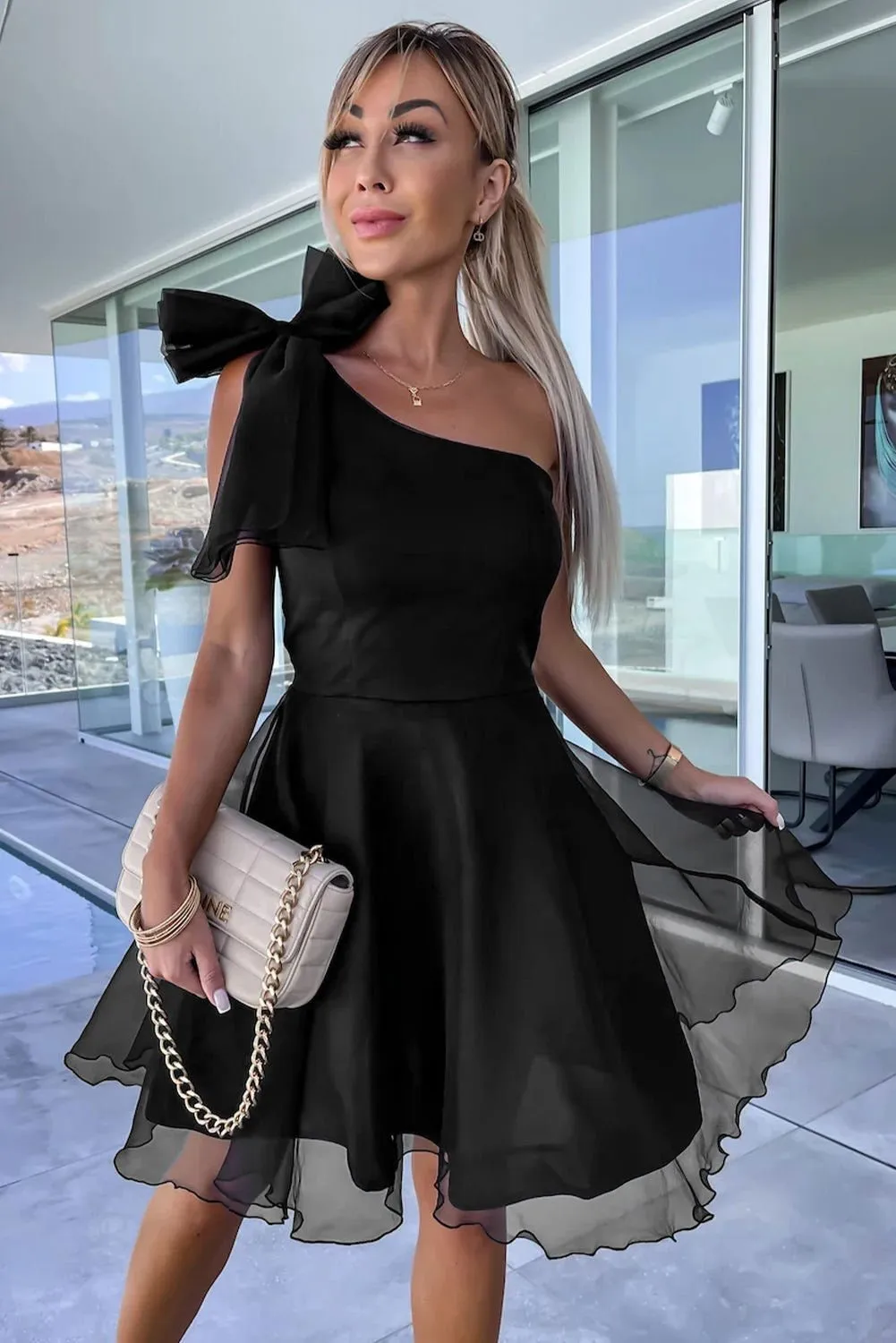 Black Bowtie One Shoulder Tulle Overlay Skater Dress - Chic Style