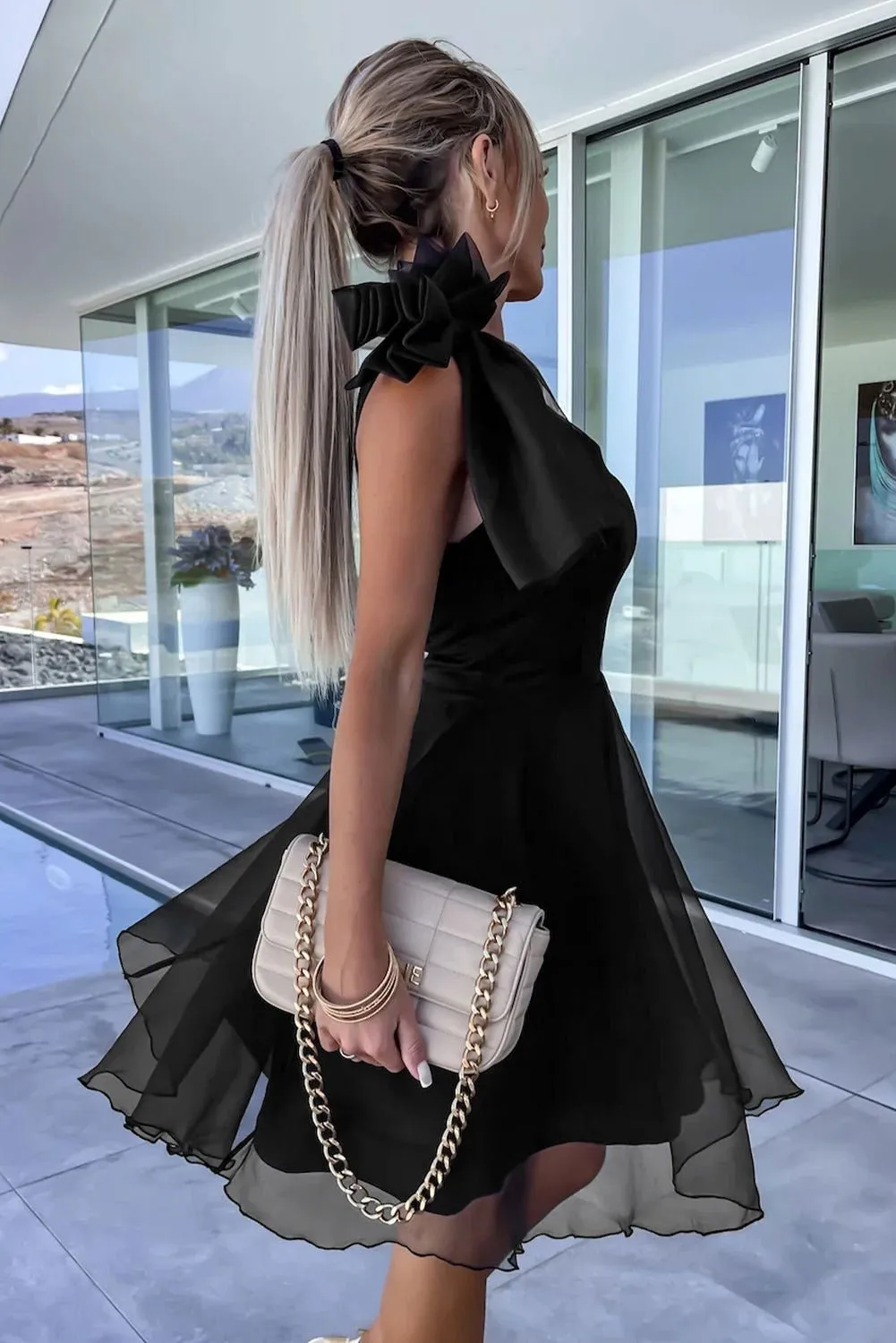 Black Bowtie One Shoulder Tulle Overlay Skater Dress - Chic Style
