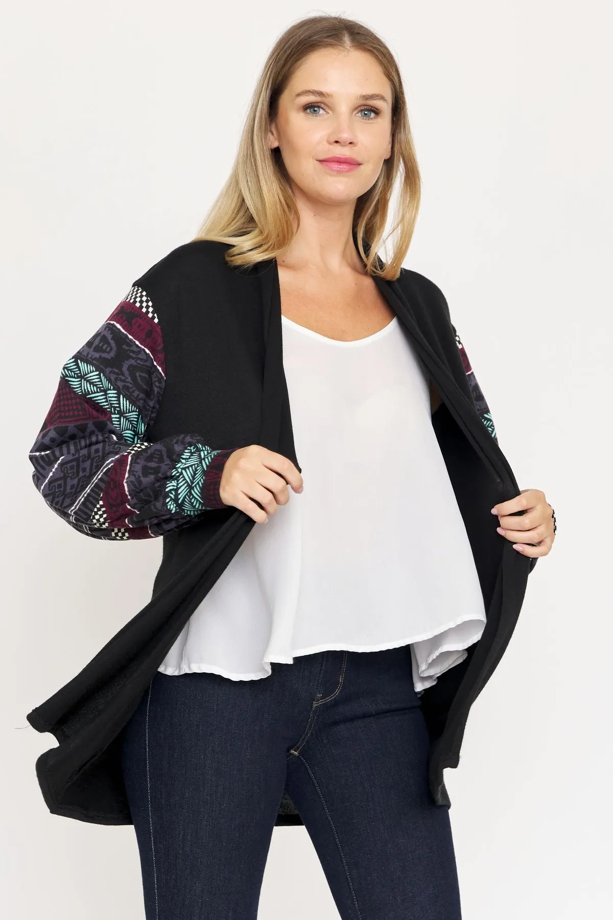 Black Nordic Sleeve Drop Shoulder Open Cardigan