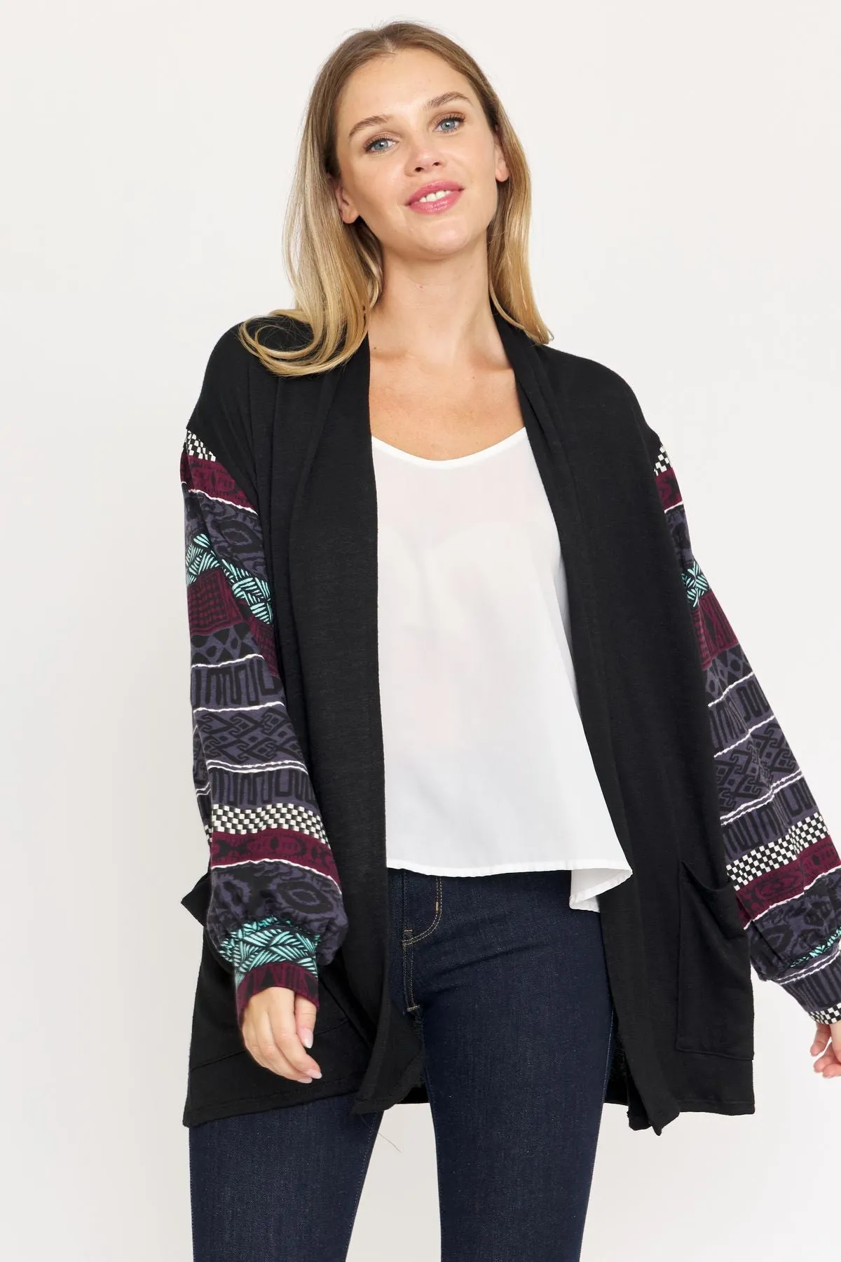 Black Nordic Sleeve Drop Shoulder Open Cardigan