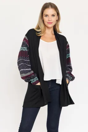 Black Nordic Sleeve Drop Shoulder Open Cardigan