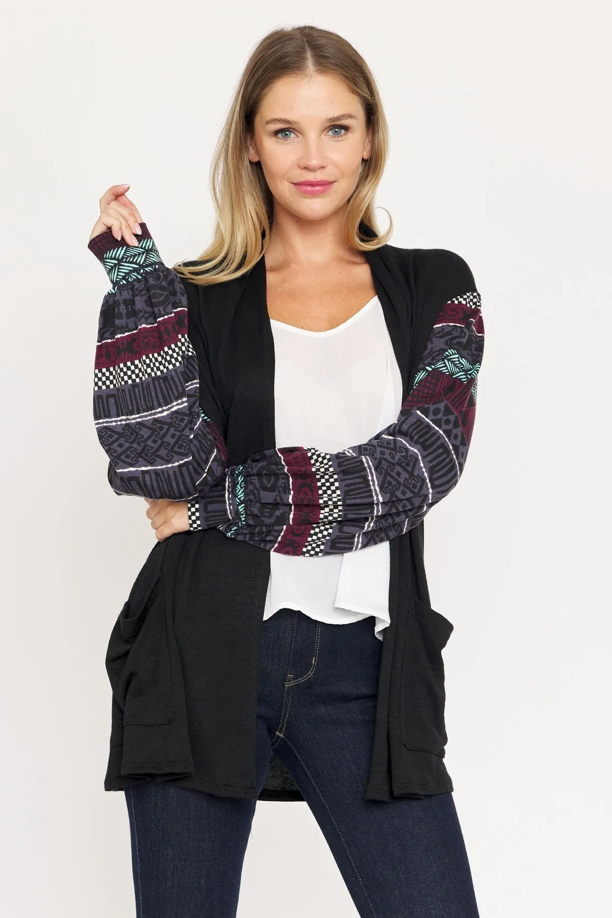 Black Nordic Sleeve Drop Shoulder Open Cardigan