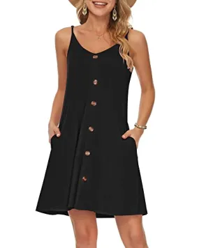 Black Summer Dress Spaghetti Strap Dresses Beach Cover Ups Casual V Neck Mini Sundress with Pockets - WNEEDU