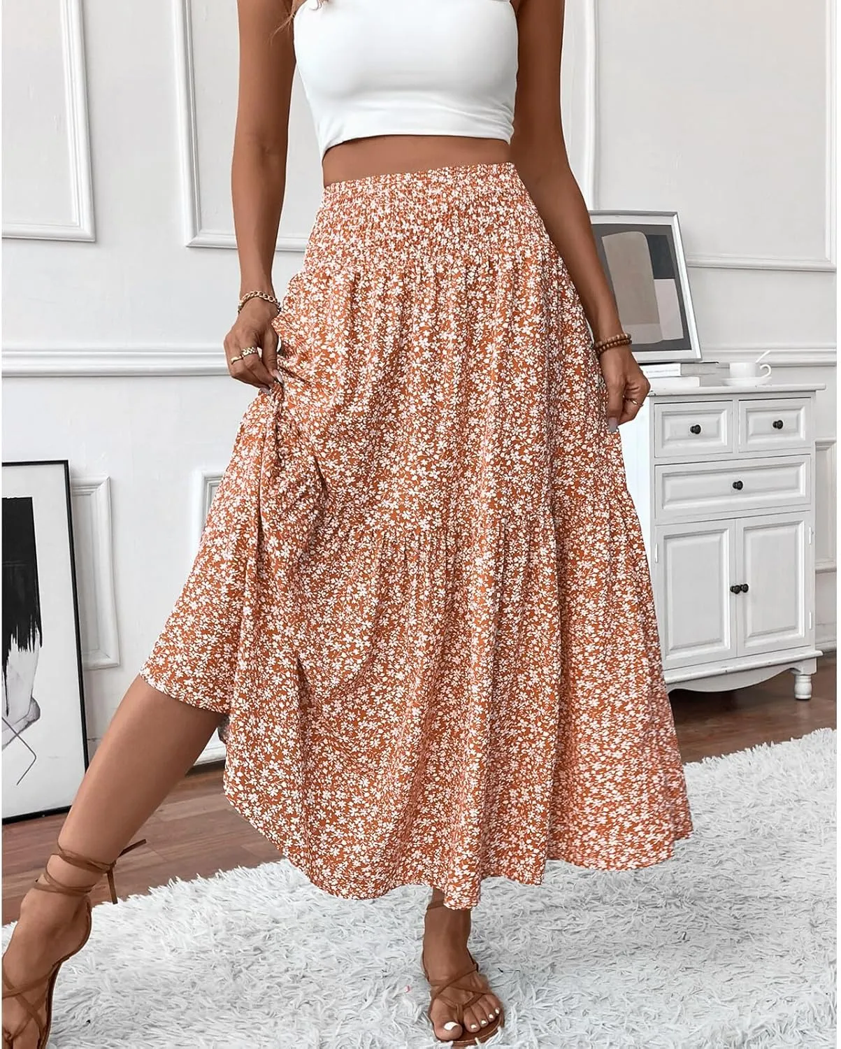 Blostirno Women's Floral Long Skirt Smocked Elastic High Waist Summer Boho Tiered Flowy Casual Maxi Skirts with Pockets