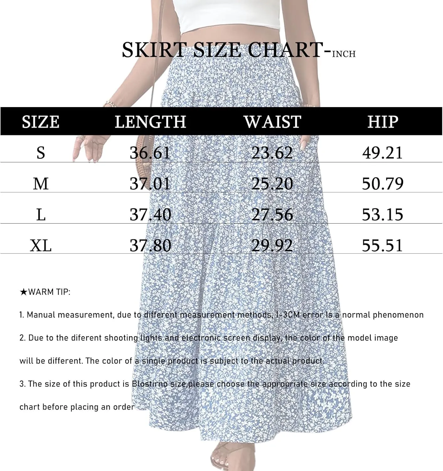 Blostirno Women's Floral Long Skirt Smocked Elastic High Waist Summer Boho Tiered Flowy Casual Maxi Skirts with Pockets