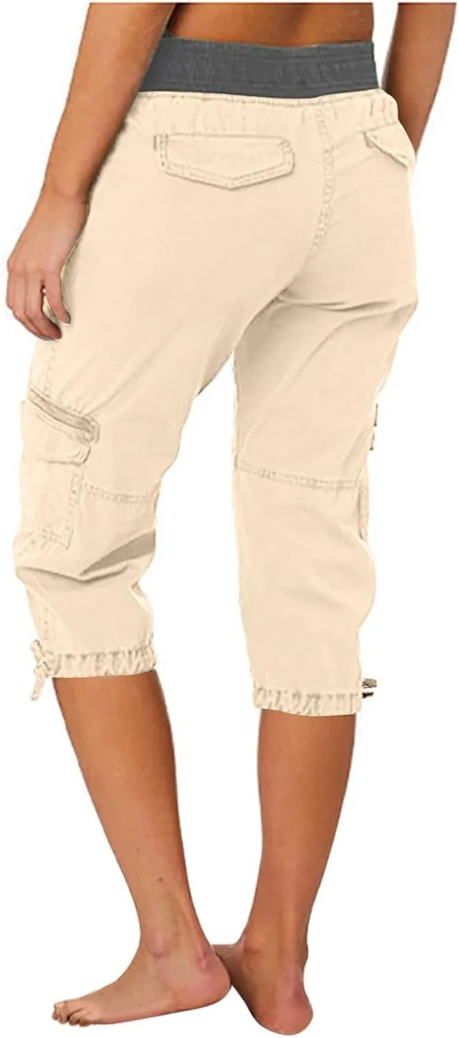 Cargo Pants Women Plus Size Cotton Linen Capri Bermuda Shorts Summer Casual Comfy Knee Length Hiking Pant