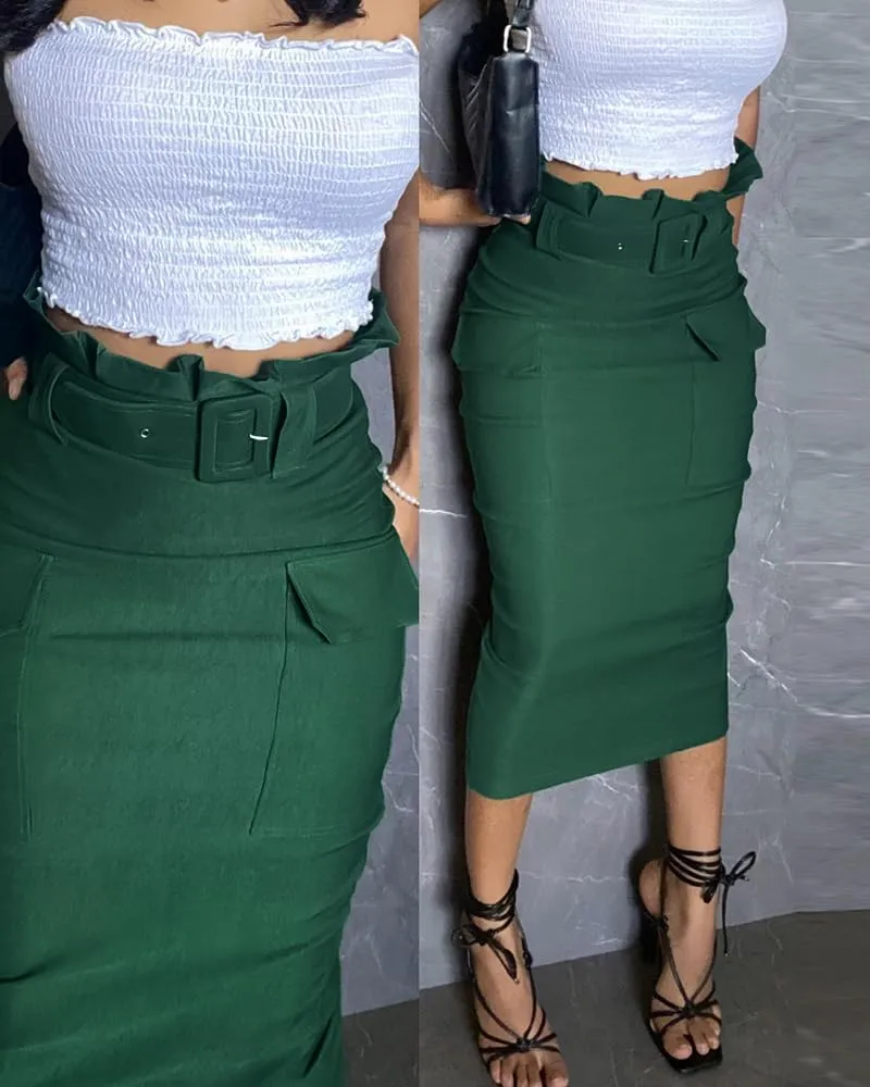 CHICME Women High Waisted Cargo Midi Skirt Belted Summer Slit Casual Skirts Pencil Skirt for Women