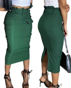 CHICME Women High Waisted Cargo Midi Skirt Belted Summer Slit Casual Skirts Pencil Skirt for Women