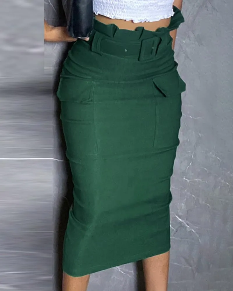 CHICME Women High Waisted Cargo Midi Skirt Belted Summer Slit Casual Skirts Pencil Skirt for Women