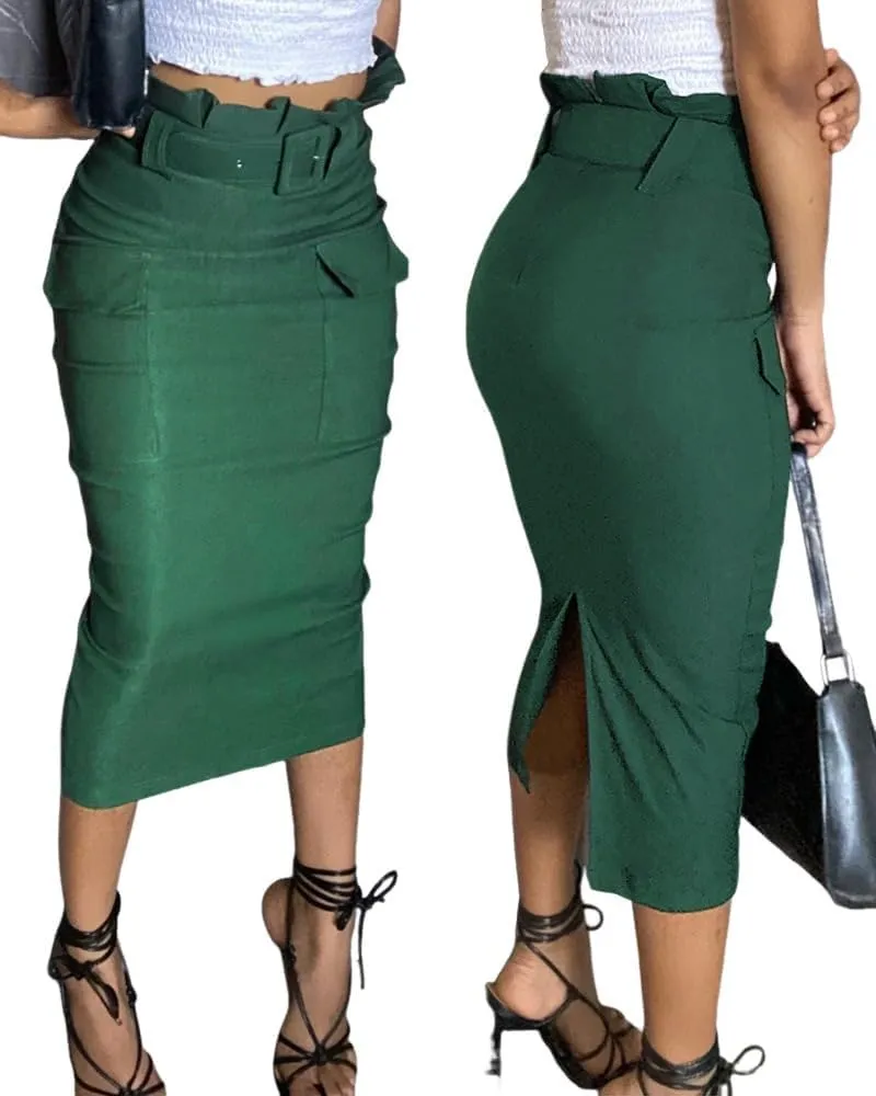 CHICME Women High Waisted Cargo Midi Skirt Belted Summer Slit Casual Skirts Pencil Skirt for Women