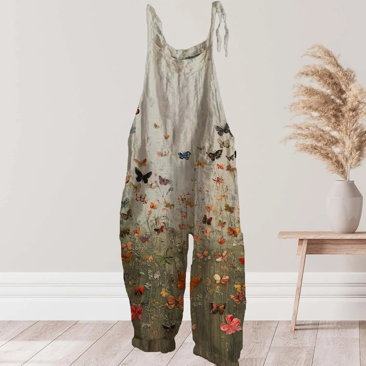 Cotton Linen Jumpsuits For Women Casual Boho Floral Printed Wide Leg Overall Halter Baggy Comfy Beach Jumpsuits
