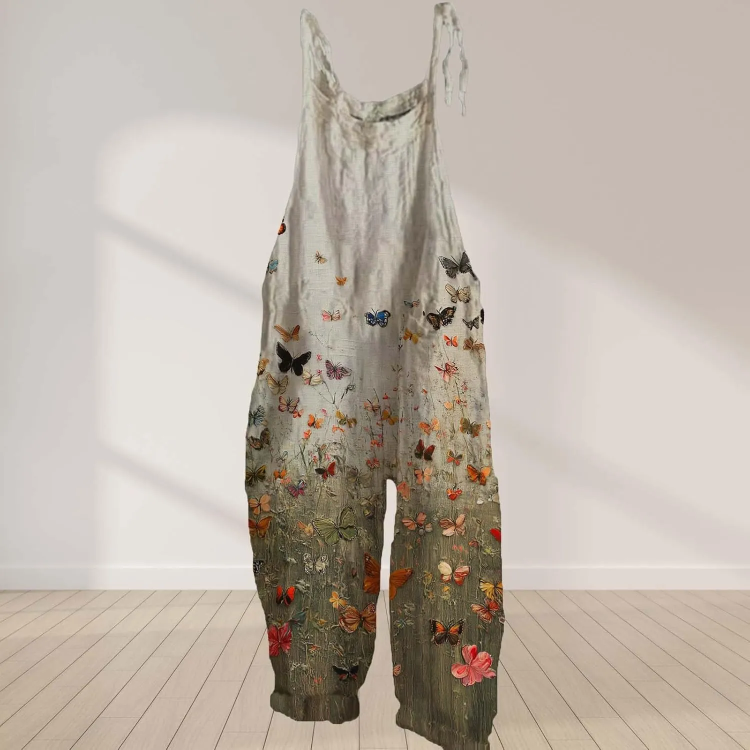 Cotton Linen Jumpsuits For Women Casual Boho Floral Printed Wide Leg Overall Halter Baggy Comfy Beach Jumpsuits