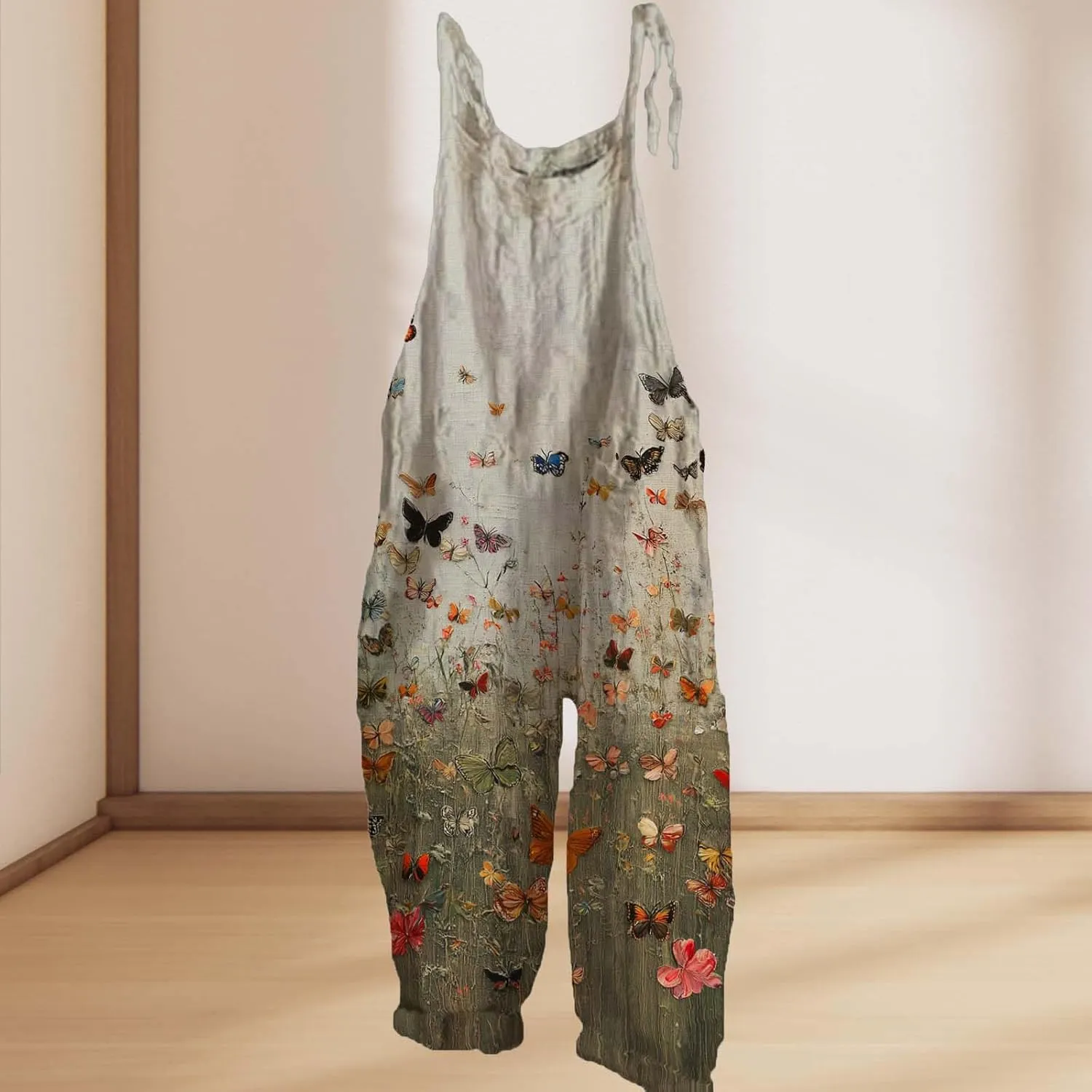 Cotton Linen Jumpsuits For Women Casual Boho Floral Printed Wide Leg Overall Halter Baggy Comfy Beach Jumpsuits