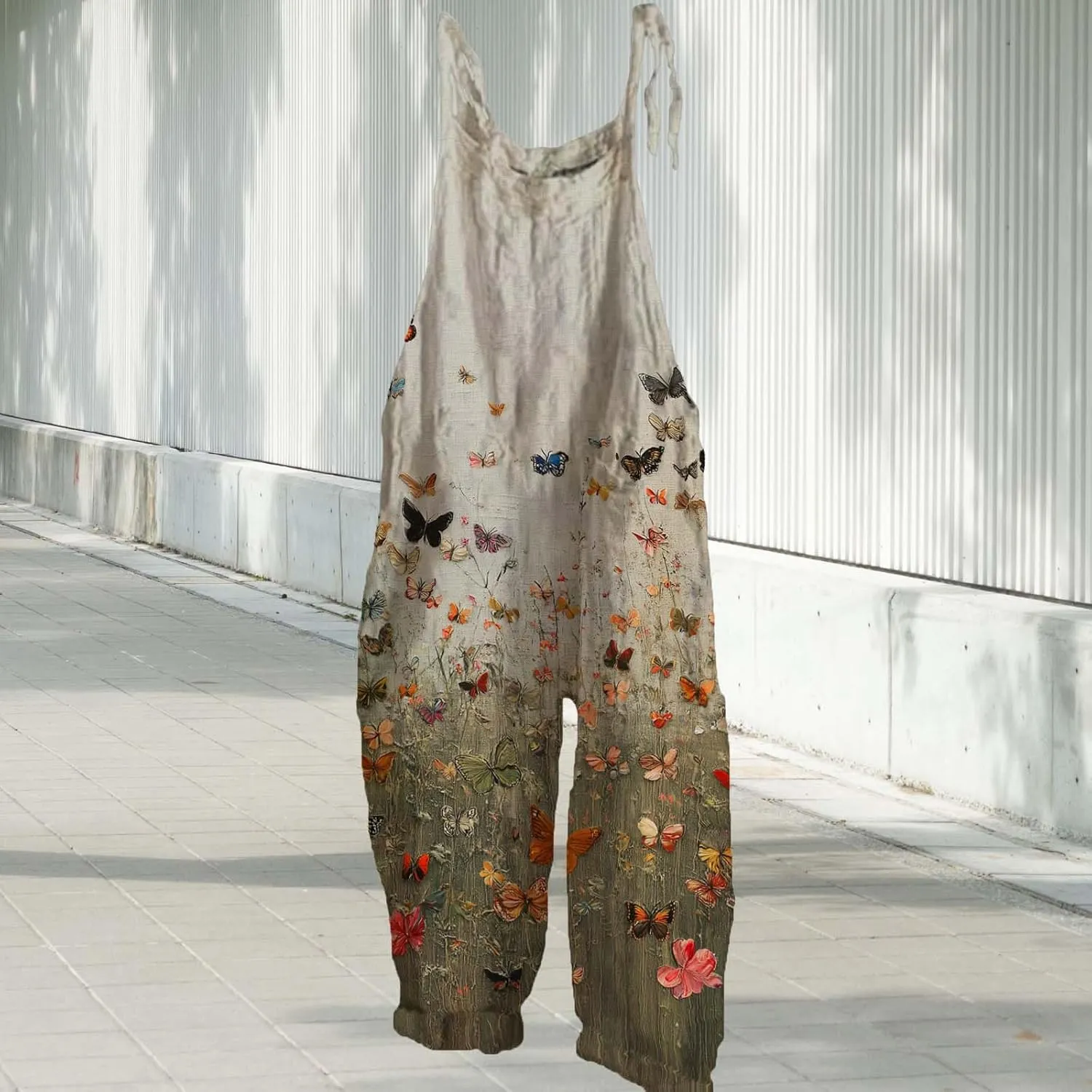 Cotton Linen Jumpsuits For Women Casual Boho Floral Printed Wide Leg Overall Halter Baggy Comfy Beach Jumpsuits