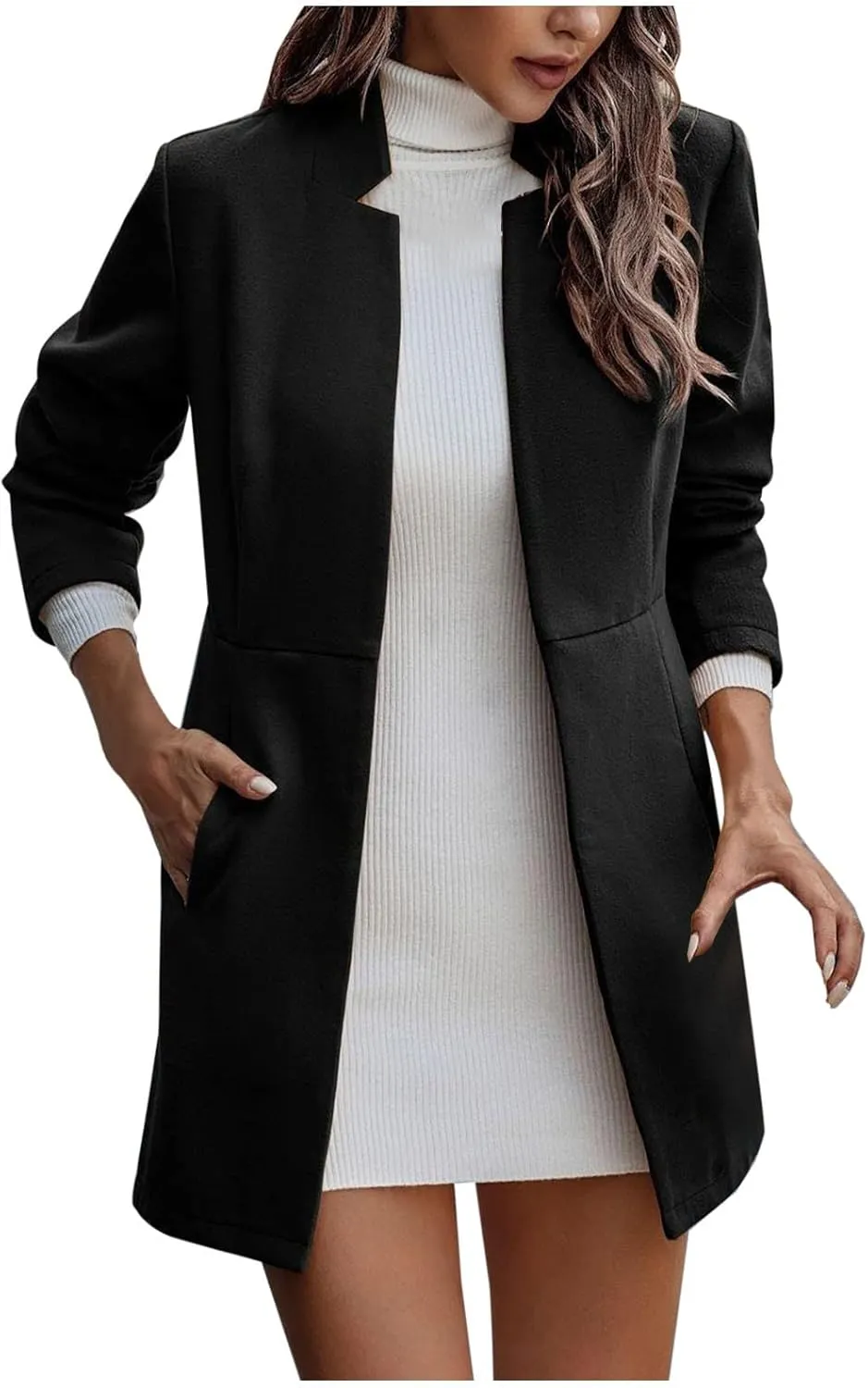 fartey Womens Trench Coat Classic Notch Lapel Winter Wool Coats Open Front Work Business Casual Jackets With Pockets