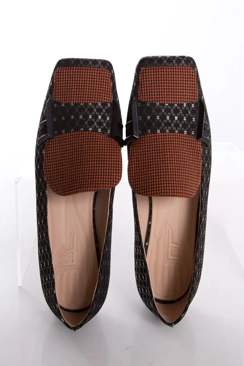 Fendi Black Flats With Orange Houndstooth Accent and Square Toe SZ 36