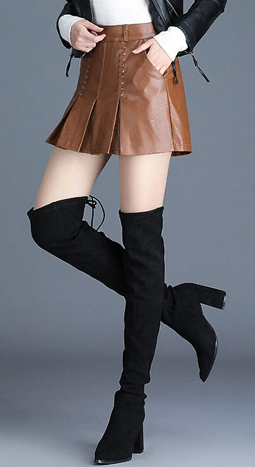 GGUHHU Womens Chic High-Waist Pleated A-Line Faux-Leather Miniskirt Skorts with Pockets