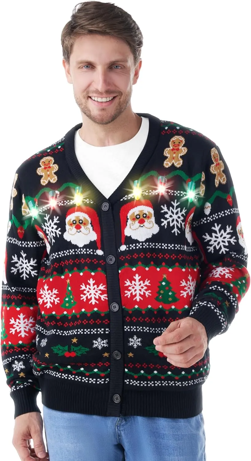 Giggling Getup Men Ugly Christmas Cardigan Sweaters, Funny Light Up Ugly Sweater for Men, Cardigan Sweater for Men
