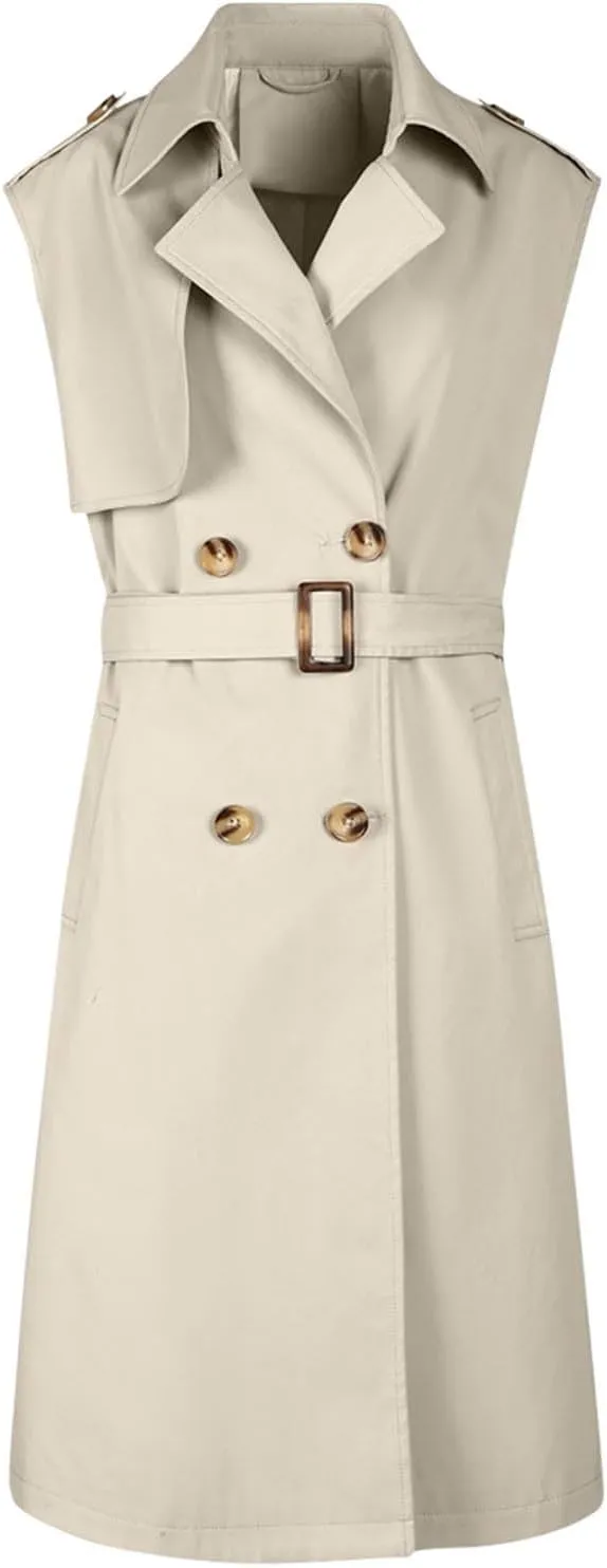 HGps8w Women's Chic Sleeveless Long Trench Coats Classic Lapel Double Breasted Mid-Length Belted Overcoat Dress Jacket