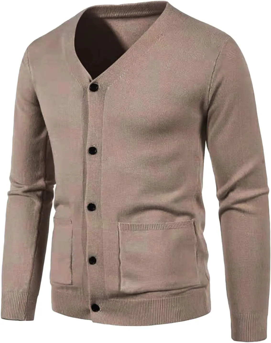 JEShifangjiusu Men's Cotton Cardigan Sweater Button Down V Neck Basic Knitted Sweater Lightweight Loose Fit Cardigan Overcoat, Light Brown, Large