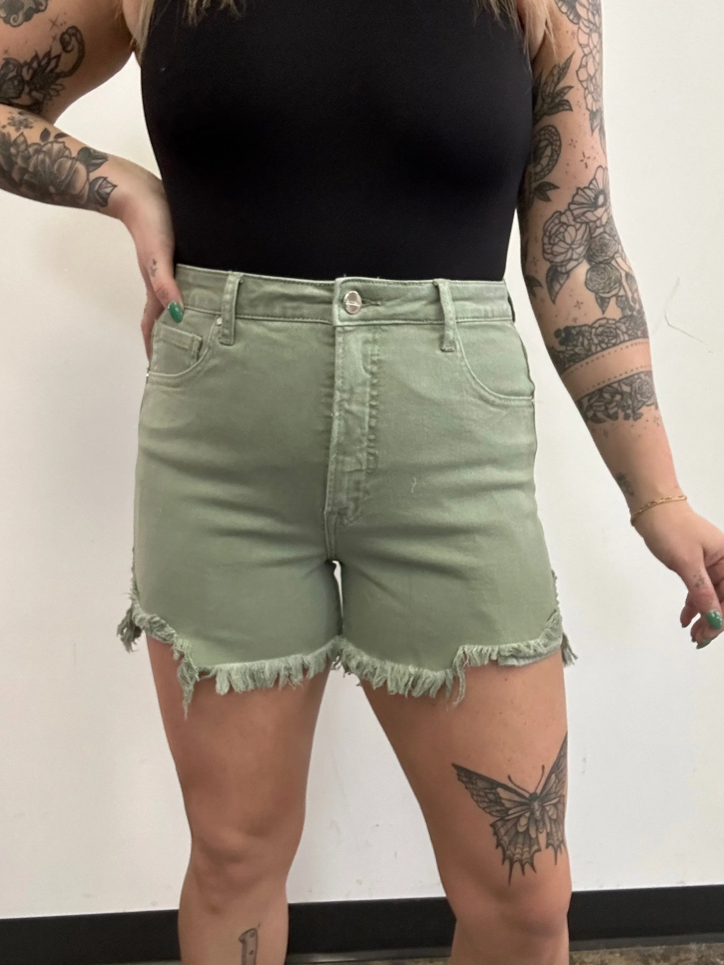 Jillian High Rise Distressed Shorts - Olive Green