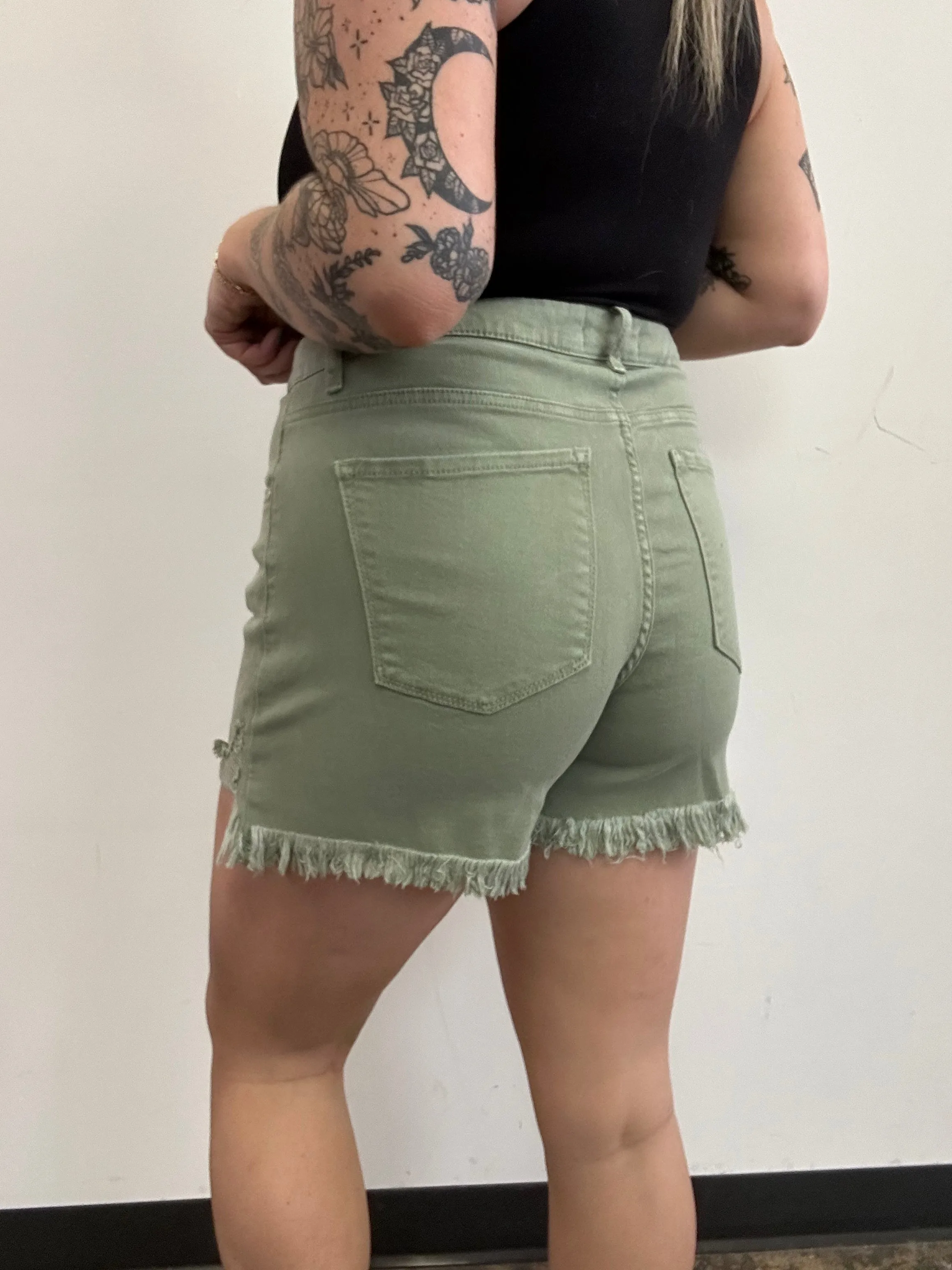 Jillian High Rise Distressed Shorts - Olive Green