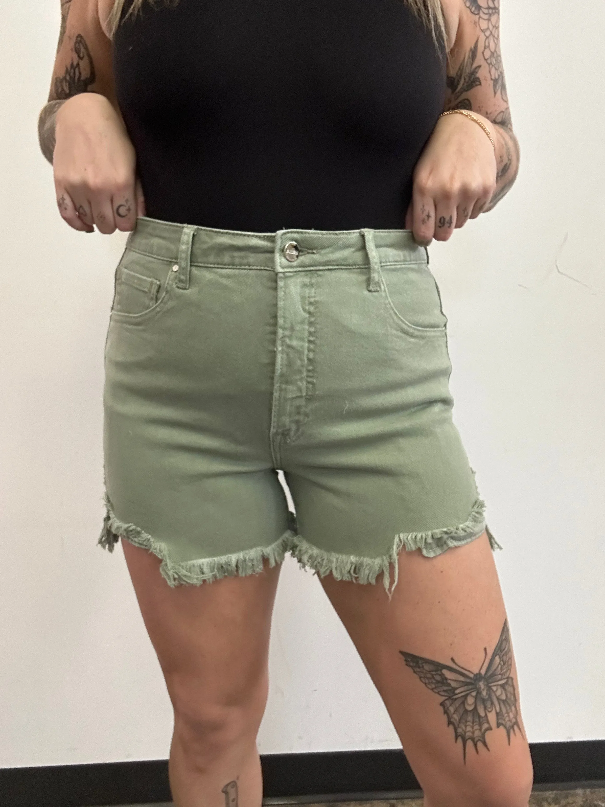 Jillian High Rise Distressed Shorts - Olive Green
