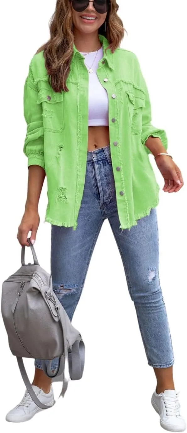 Kwoki Women's Ripped Distressed Denim Jacket Long Sleeve Oversized Raw Hem Jean Trucker Jackets Coat