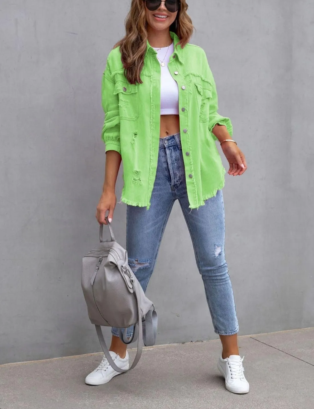 Kwoki Women's Ripped Distressed Denim Jacket Long Sleeve Oversized Raw Hem Jean Trucker Jackets Coat