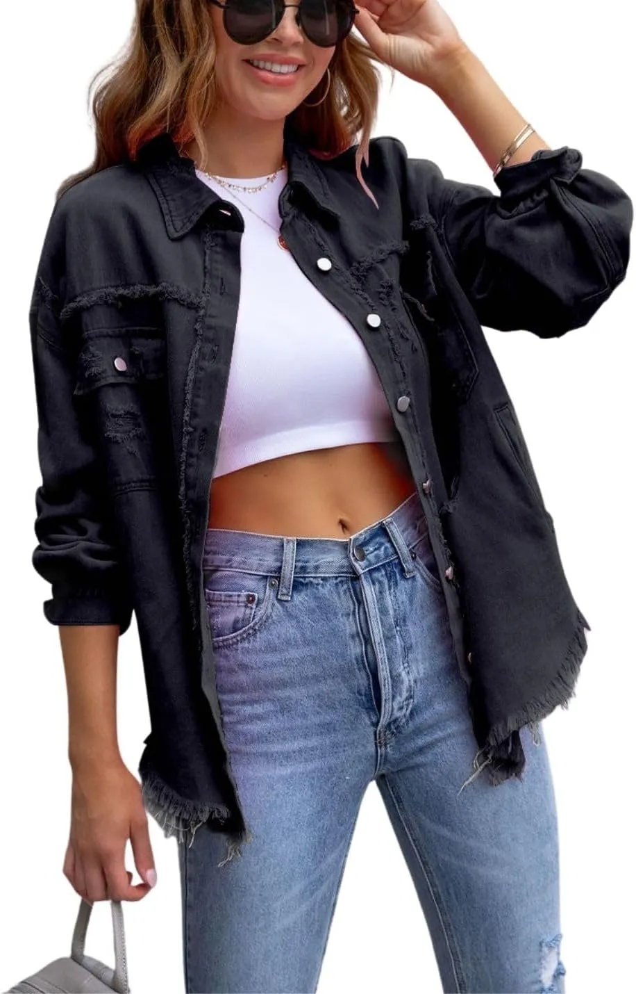 Kwoki Women's Ripped Distressed Denim Jacket Long Sleeve Oversized Raw Hem Jean Trucker Jackets Coat