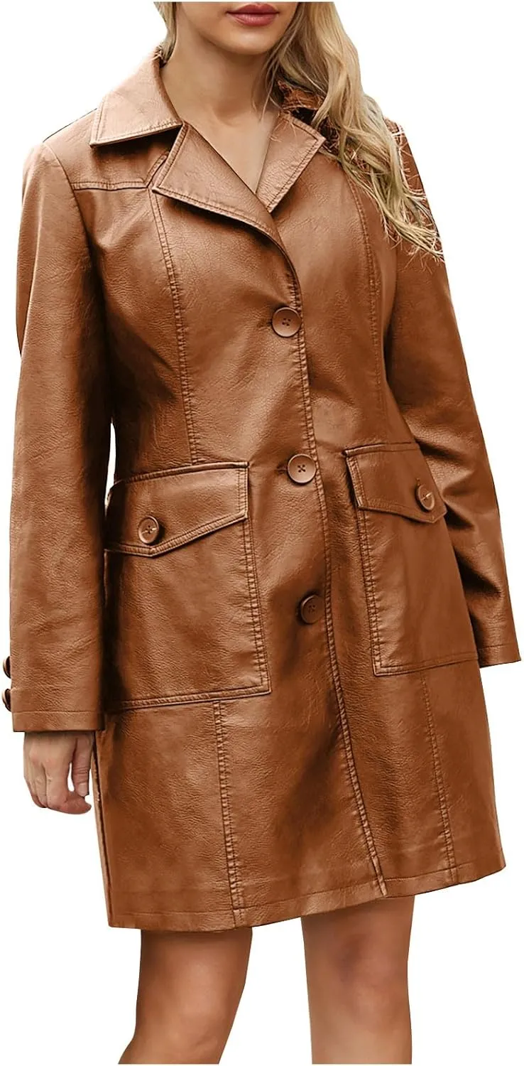 Leather Jacket for Women 2024 Winter Long Trench Coat Dressy Casual Button Down Lapel Collar Overcoats Outwear