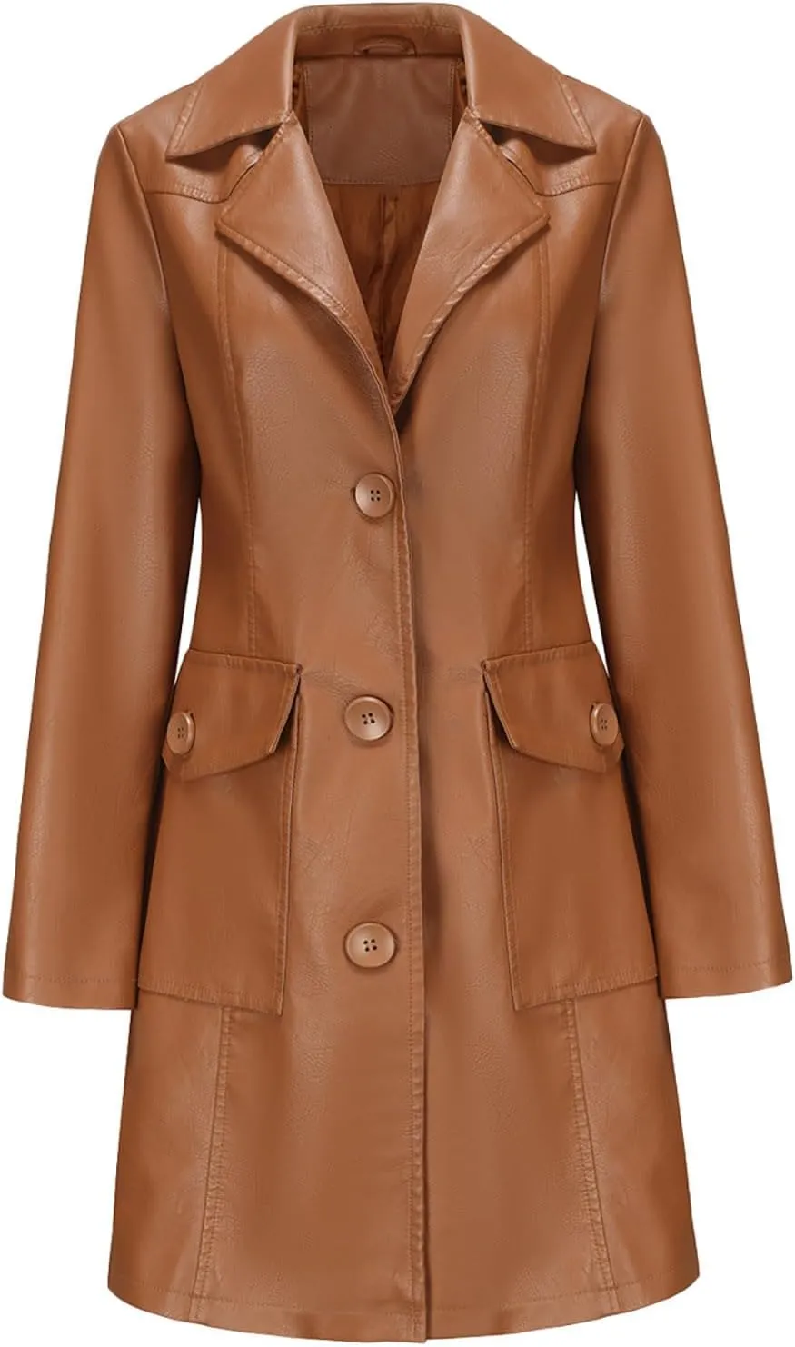 Leather Jacket for Women 2024 Winter Long Trench Coat Dressy Casual Button Down Lapel Collar Overcoats Outwear