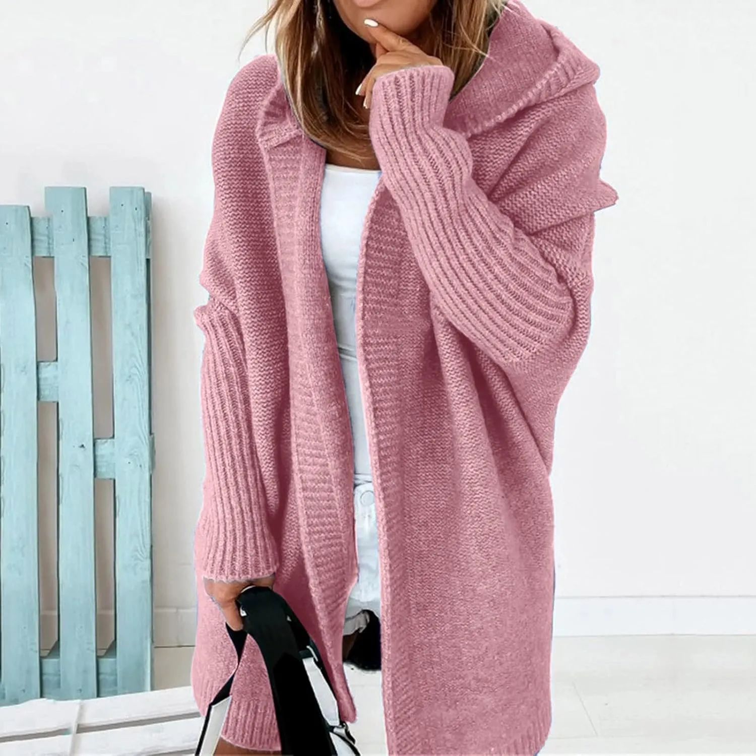 Light Weight Cardigan Women Open Front Knit Long Batwing Sleeve Sweater Chunky Cable Boho Pockets Coat